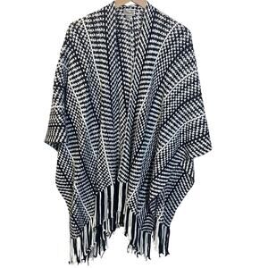 Chico's Striped Knit Fringe Ruana Cardigan Wrap Shawl Black White One Size